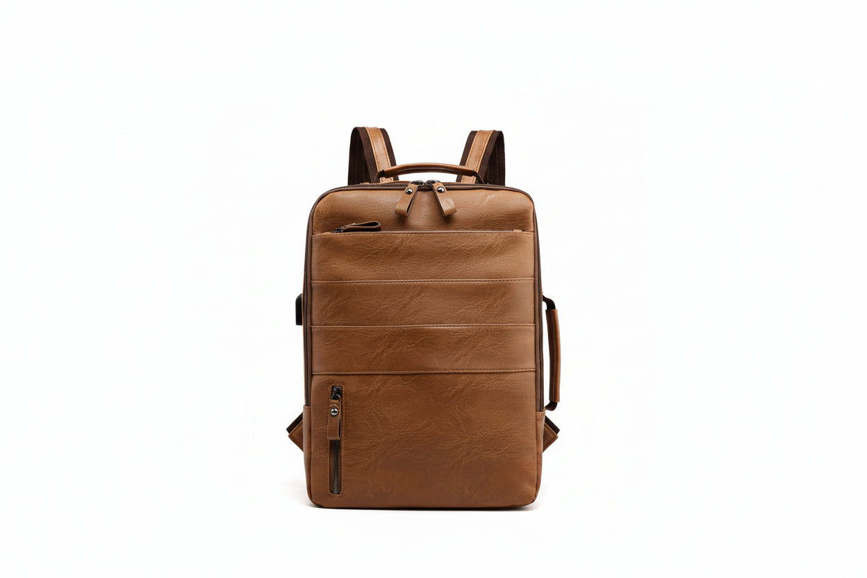 Brown leather backpack on a white background