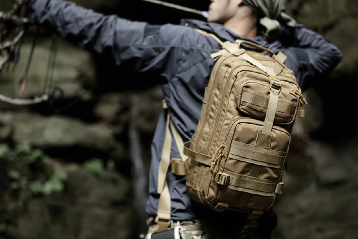 Person with a backpack aiming a bow in a forest setting