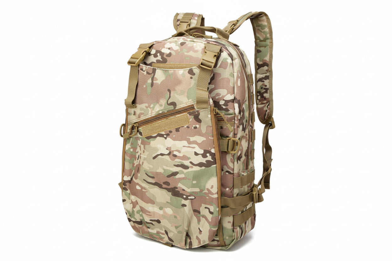 Camouflage backpack with brown accents on a white background