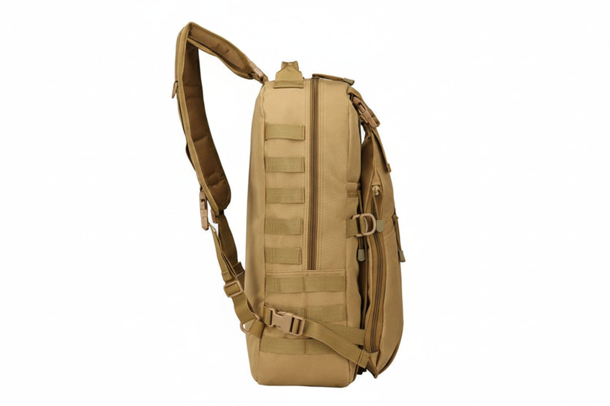 Khaki backpack with multiple straps and compartments on a white background