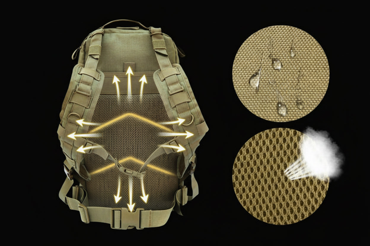 Tactical backpack with detailed design and texture samples on a black background