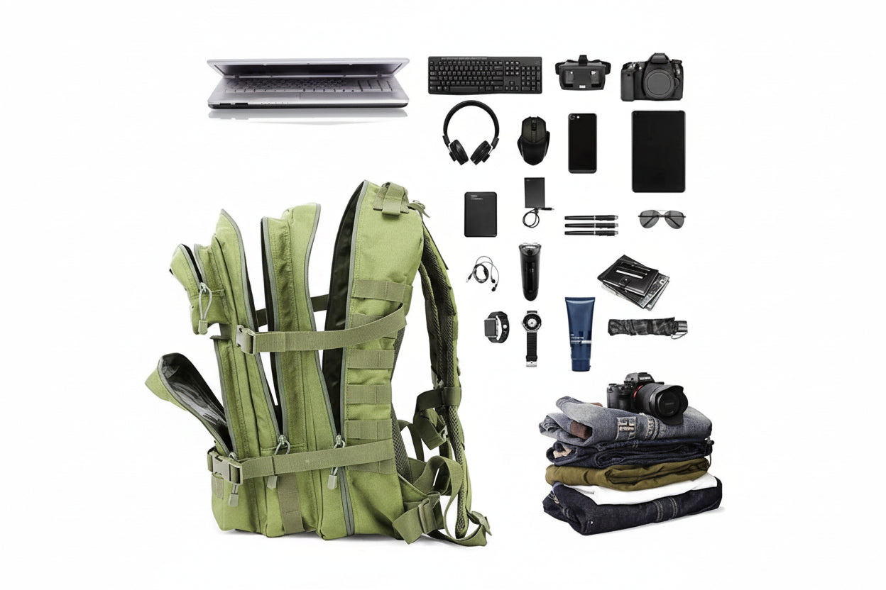 Green backpack with various electronic and travel items on a white background