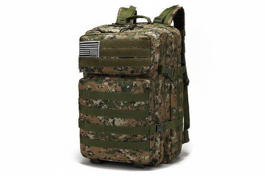 Camouflage backpack with American flag patch on a white background