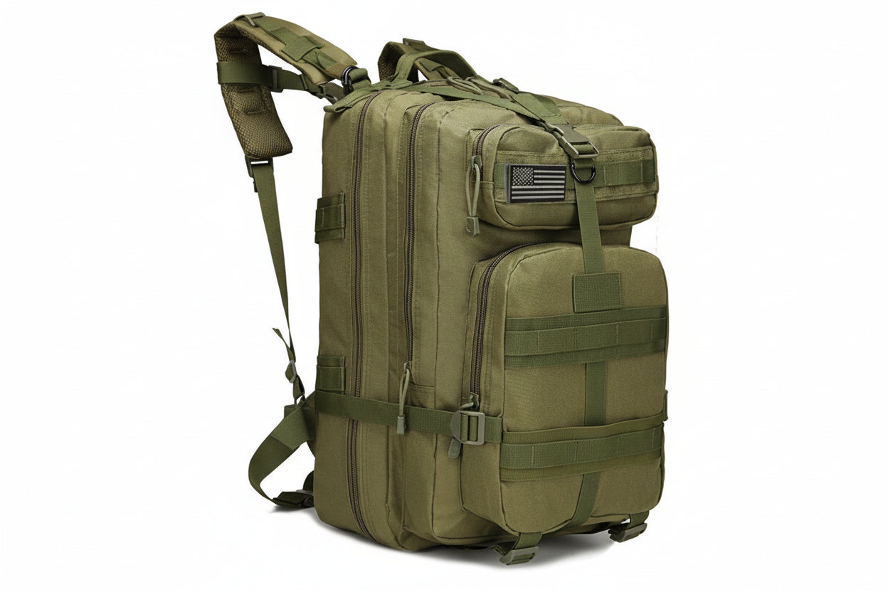 Green backpack with multiple pockets and straps on a white background