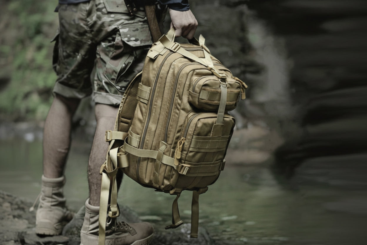 Person wearing a tactical backpack in a natural setting