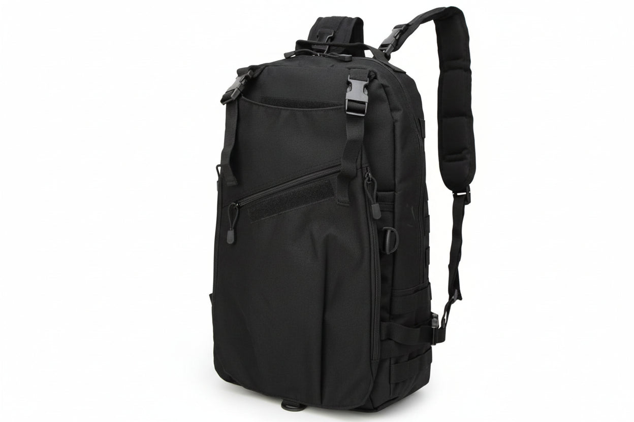 Black backpack on a white background