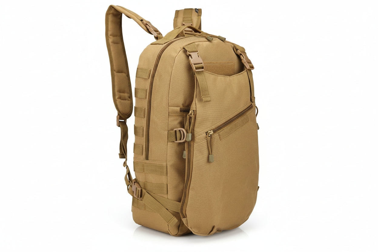 Khaki backpack on a white background