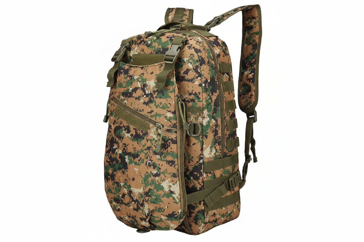 Camouflage backpack with green straps on a white background
