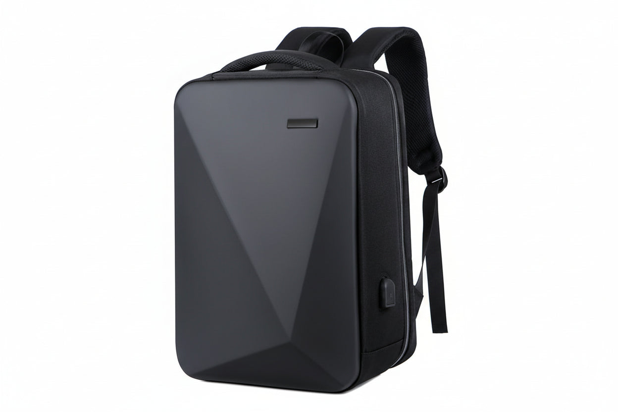 Black backpack with geometric design on a white background