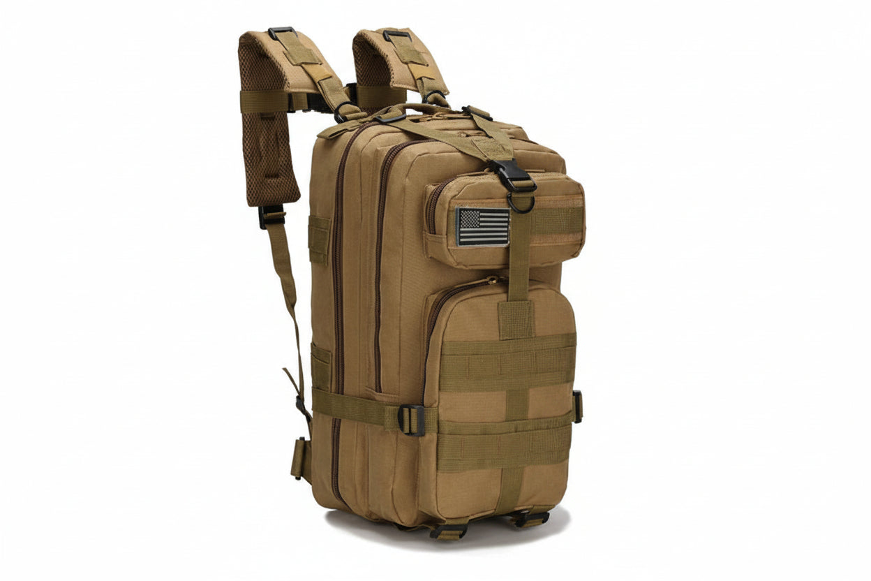 Khaki backpack with American flag patch on a white background