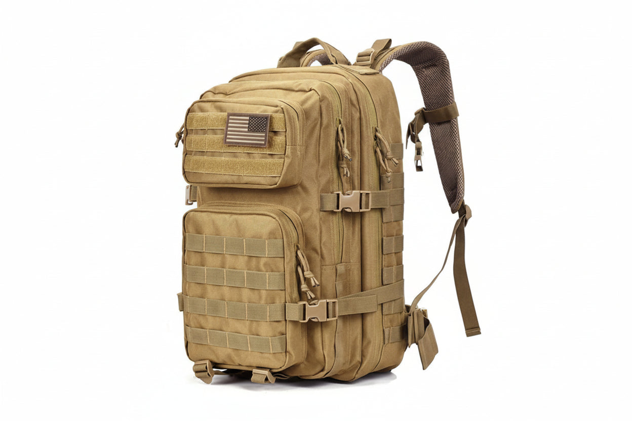 Khaki tactical backpack with American flag patch on a white background