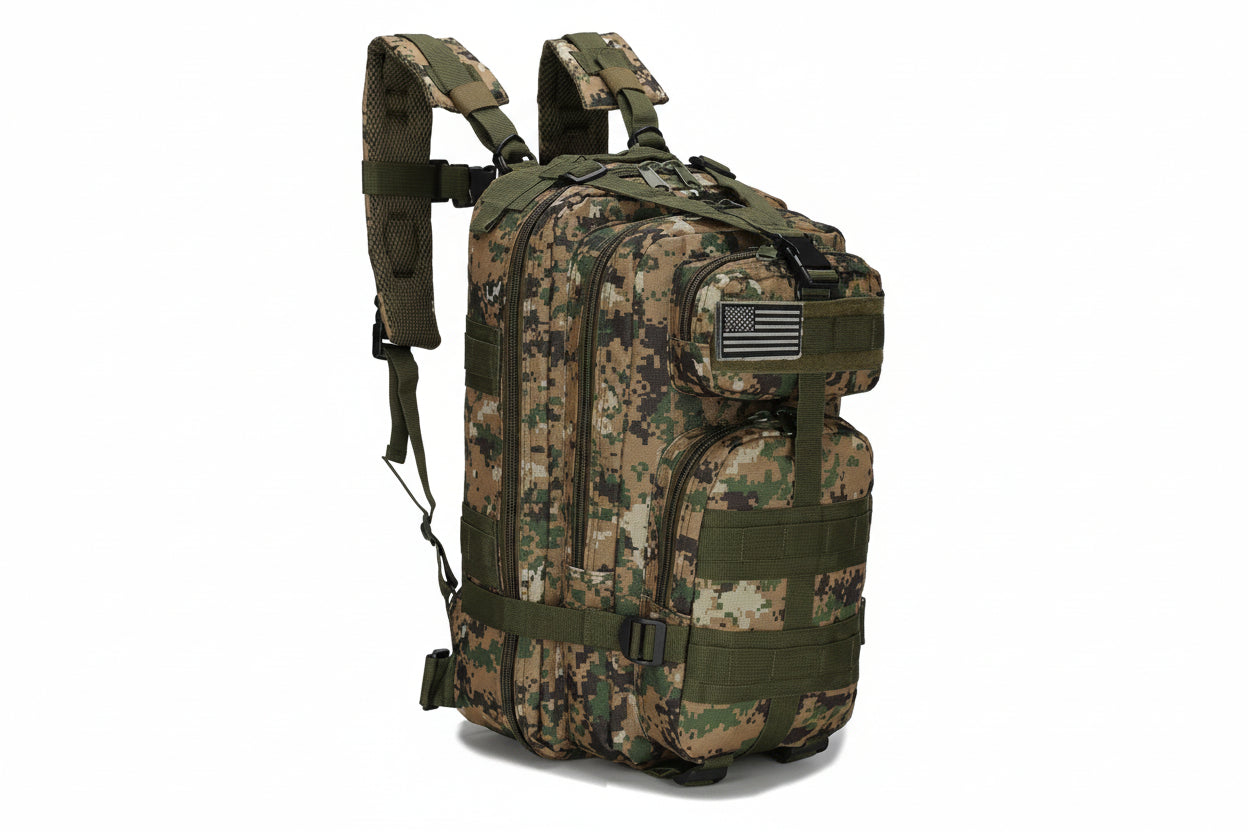 Camouflage backpack with American flag patch on a white background