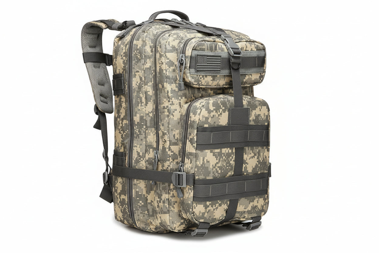 Camouflage backpack with ACU Grey color and 50L capacity on a white background