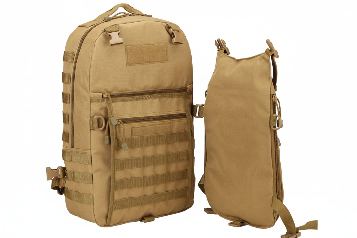 Khaki tactical backpack with side pouch on a white background