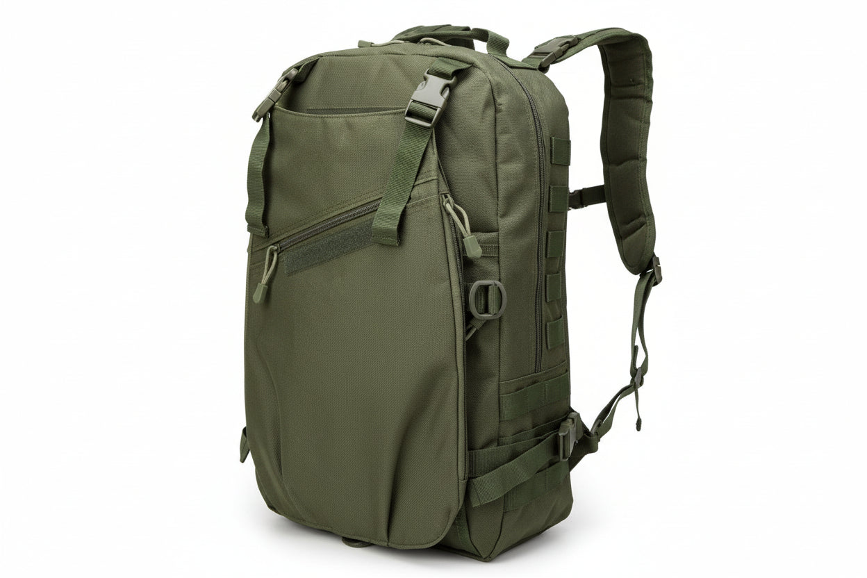 Green tactical backpack on a white background