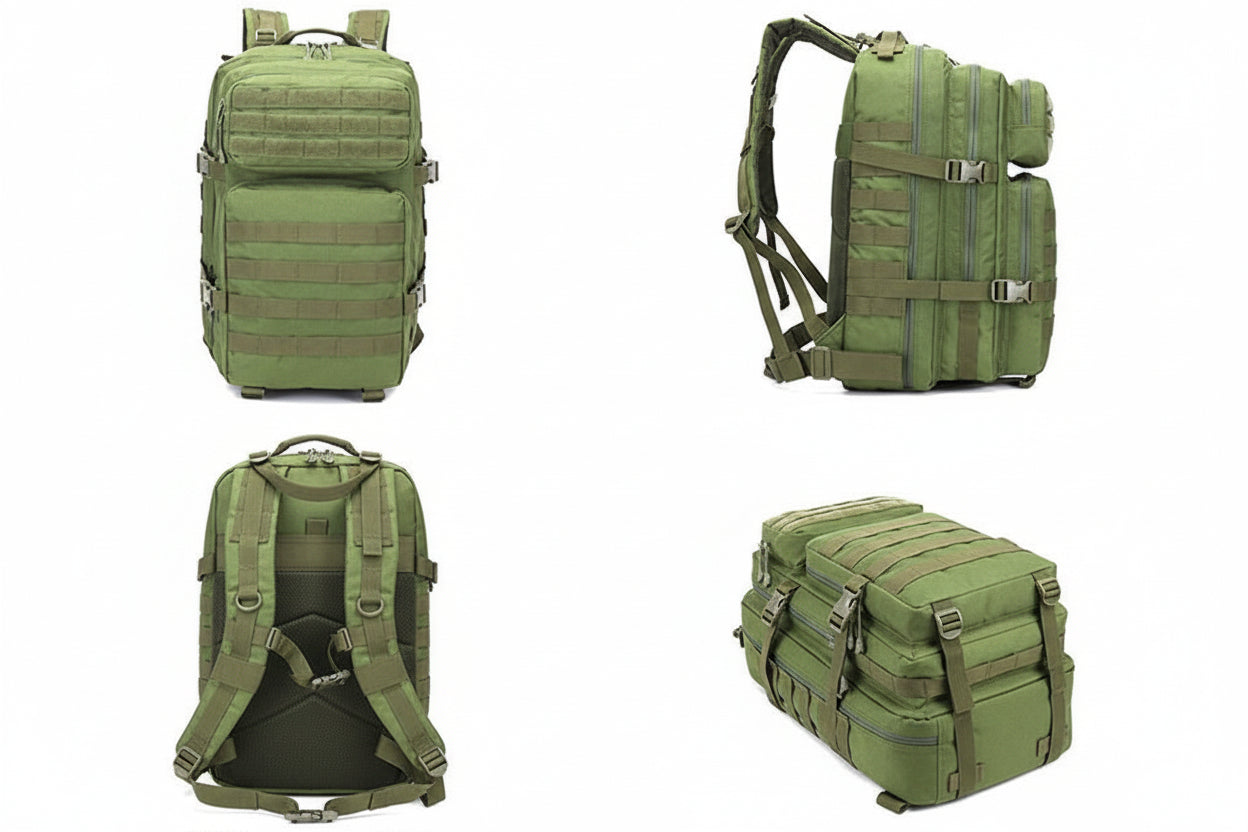 Green tactical backpack shown from multiple angles on a white background