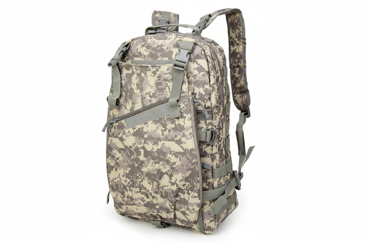 Camouflage backpack on a white background