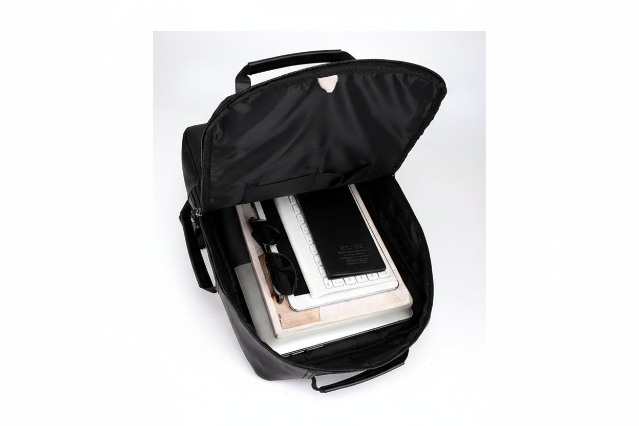 Black backpack with items including a laptop, books, and sunglasses on a white background