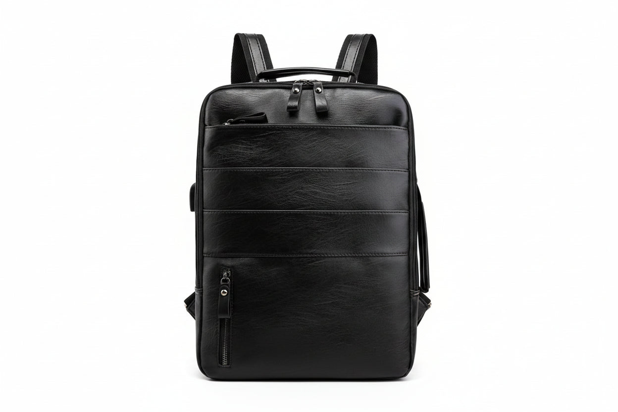 Black leather backpack on a white background