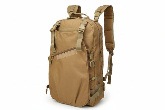 Khaki backpack with multiple straps and pockets on a white background