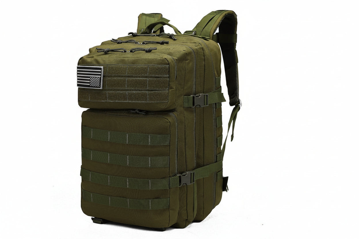 Green tactical backpack with American flag patch on a white background