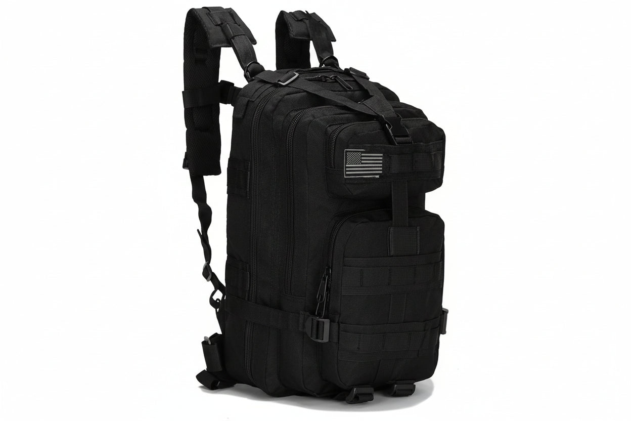 Black tactical backpack with American flag patch on a white background