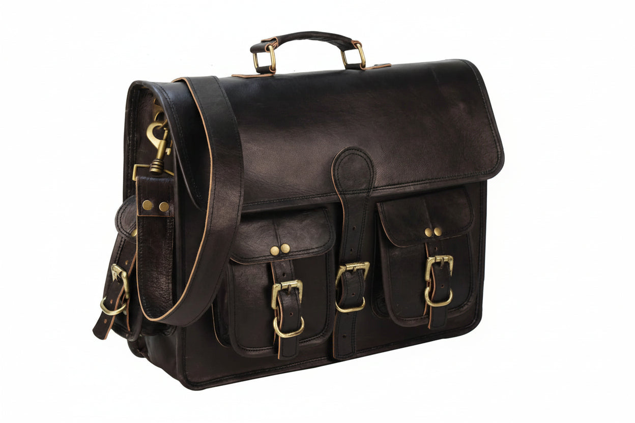 Dark brown leather satchel bag with gold buckles on a white background