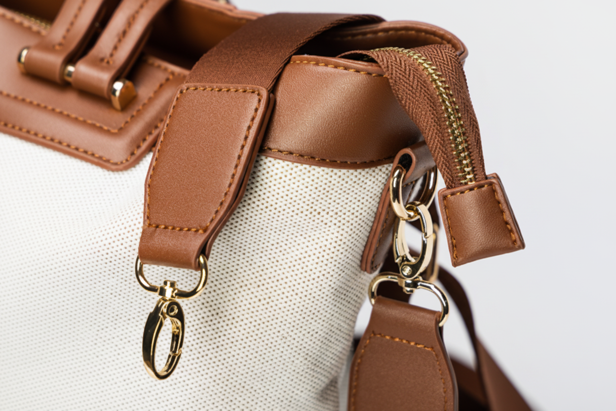 Close-up of a brown leather bag with gold hardware on a light background