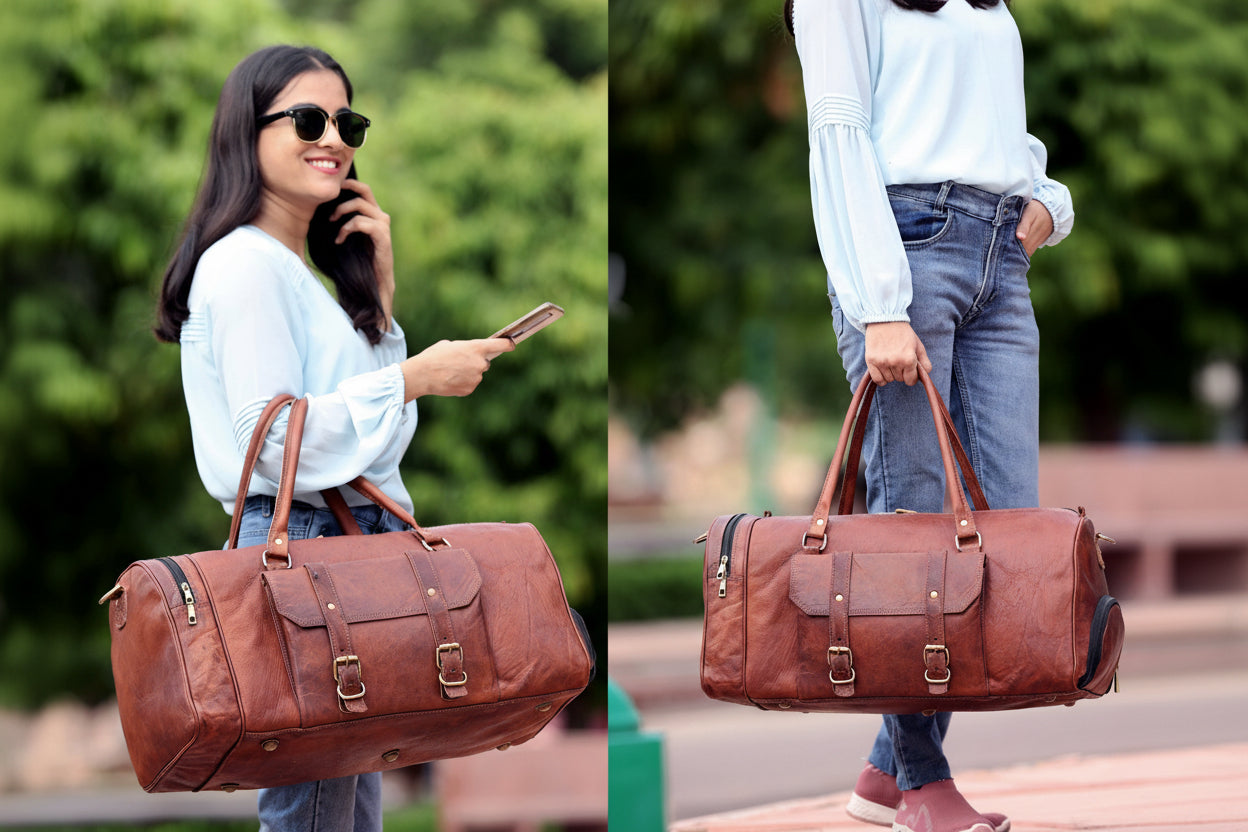 Brown leather duffle bag being carried by a person outdoors with text 'Versatile Travel Companion Fashionable Leather Duffle Bag'.