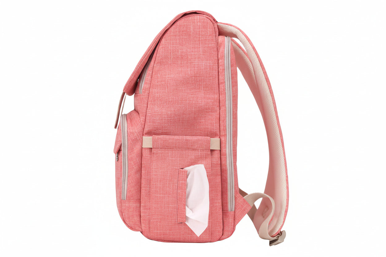 Pink backpack with a side pocket on a white background