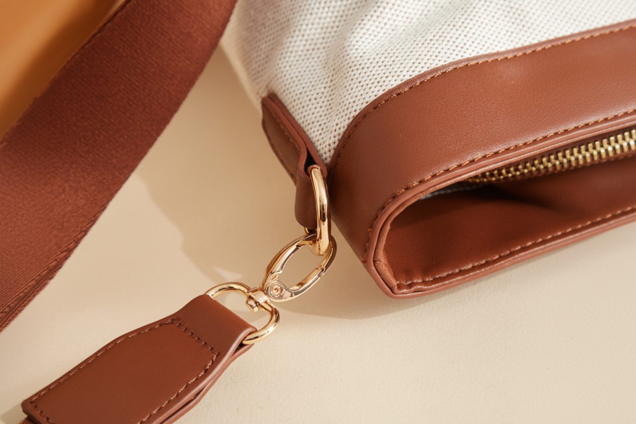 Close-up of a brown handbag with a gold strap on a beige background
