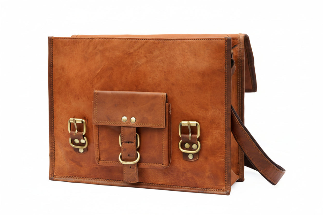 Brown leather bag with gold buckles on a white background