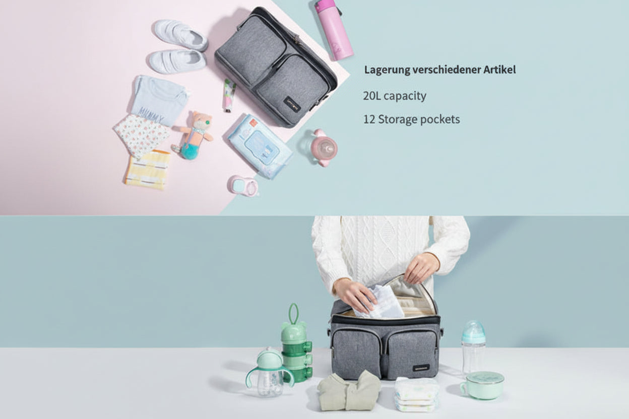 Gray storage bag with baby items and text on a light blue background