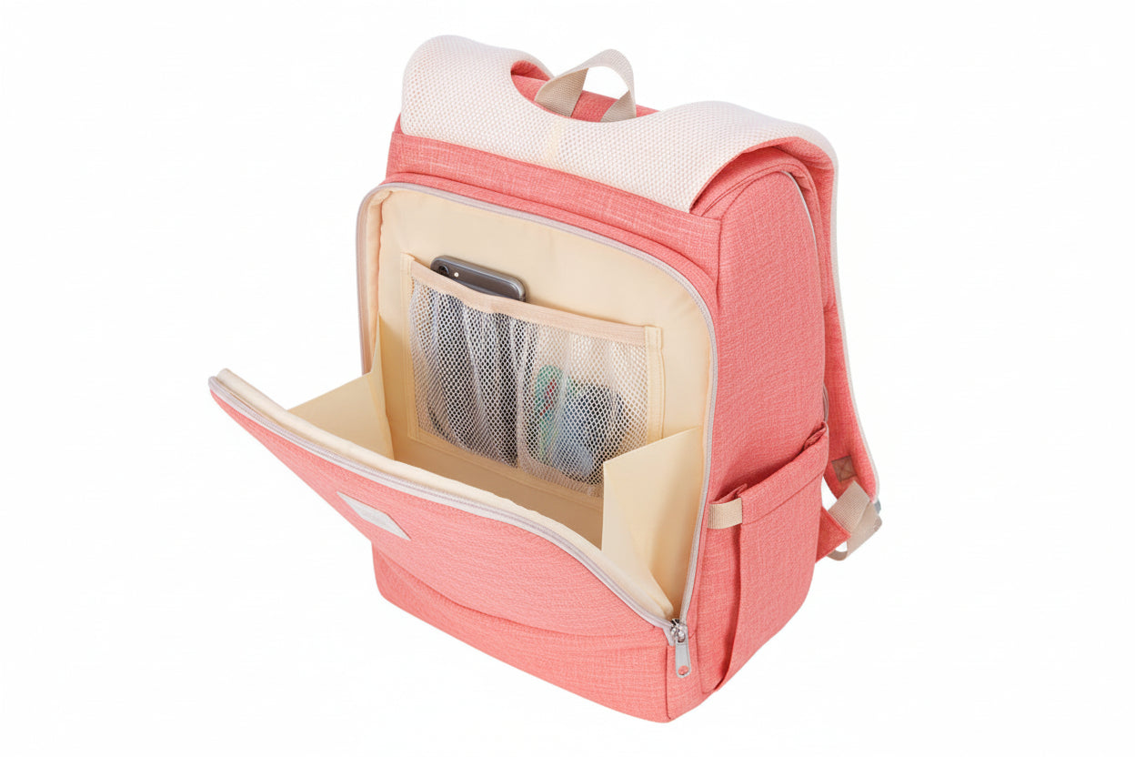Pink backpack with a white interior on a white background