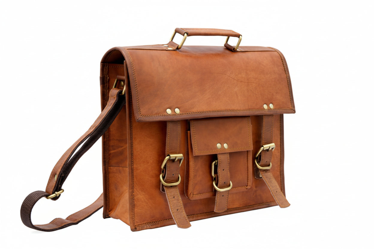 Brown leather satchel bag with gold buckles on a white background