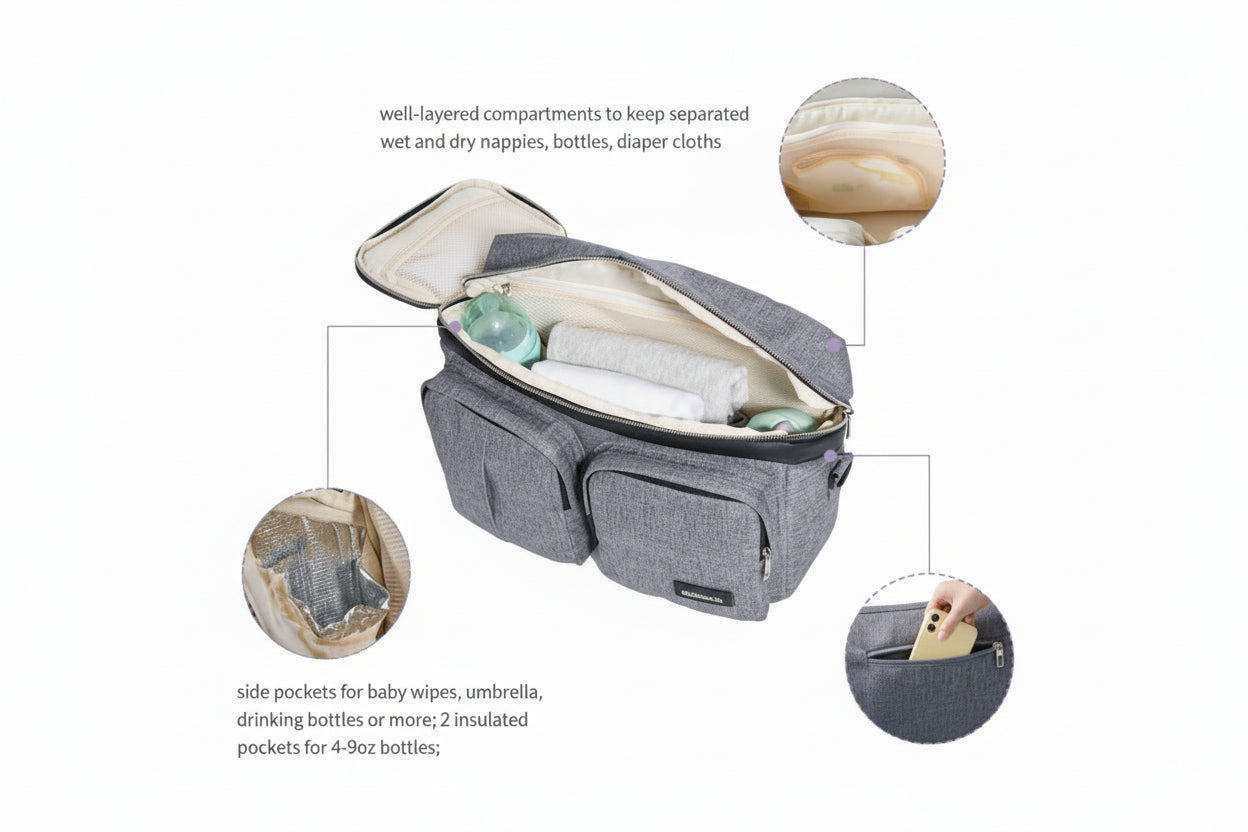 Gray diaper bag with compartments and pockets