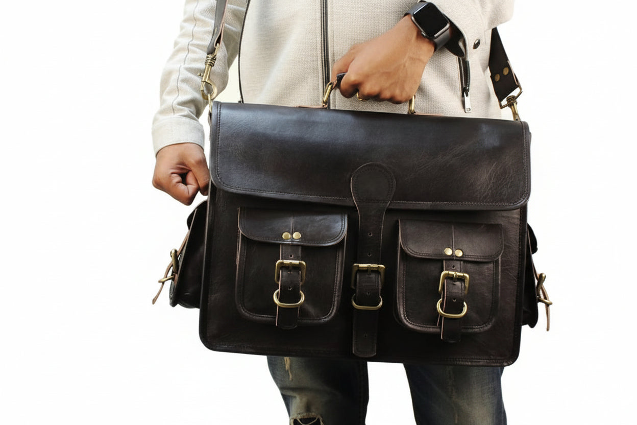 Person holding a black leather satchel bag on a white background