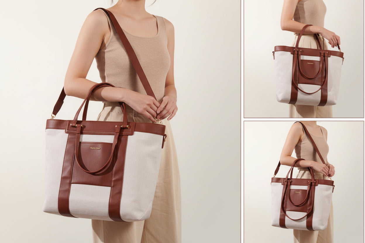 Collage of a white and brown tote bag held by a person on a plain background