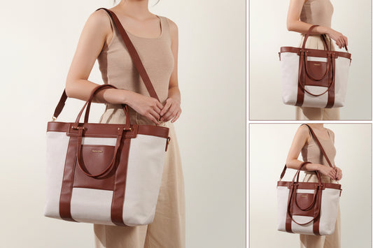 Collage of a white and brown tote bag held by a person on a plain background