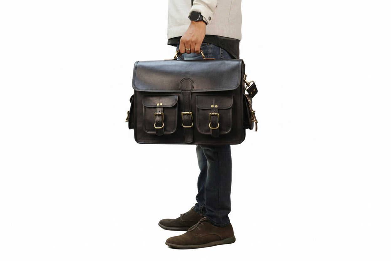 Person holding a black leather briefcase against a white background