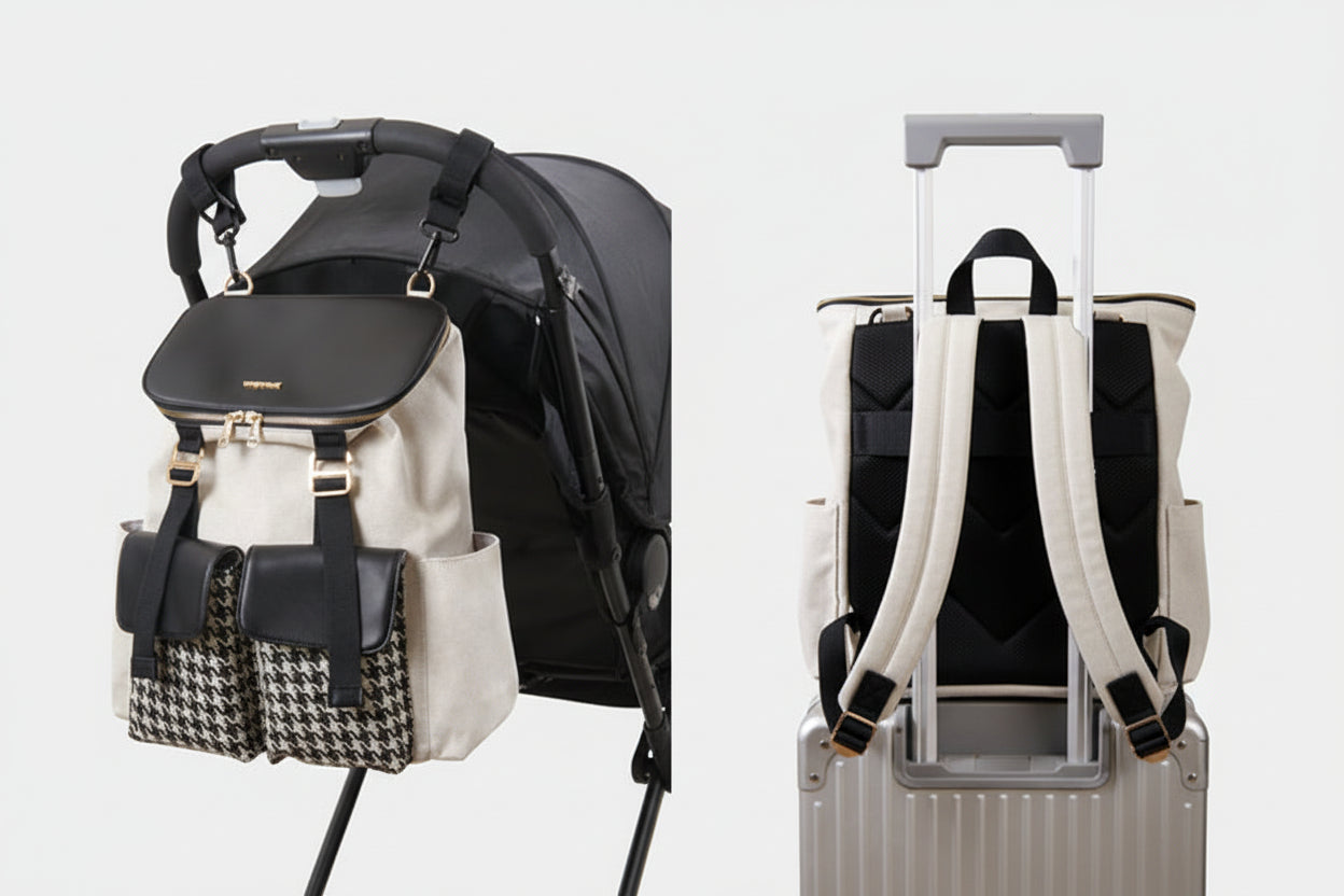 Backpack with black accents and a suitcase attachment on a white background