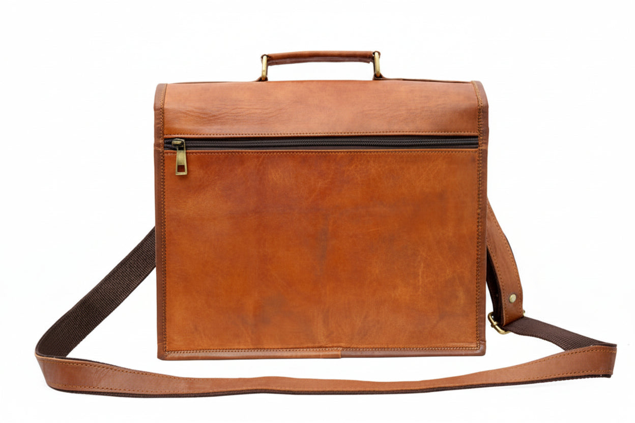 Brown leather briefcase with a shoulder strap on a white background