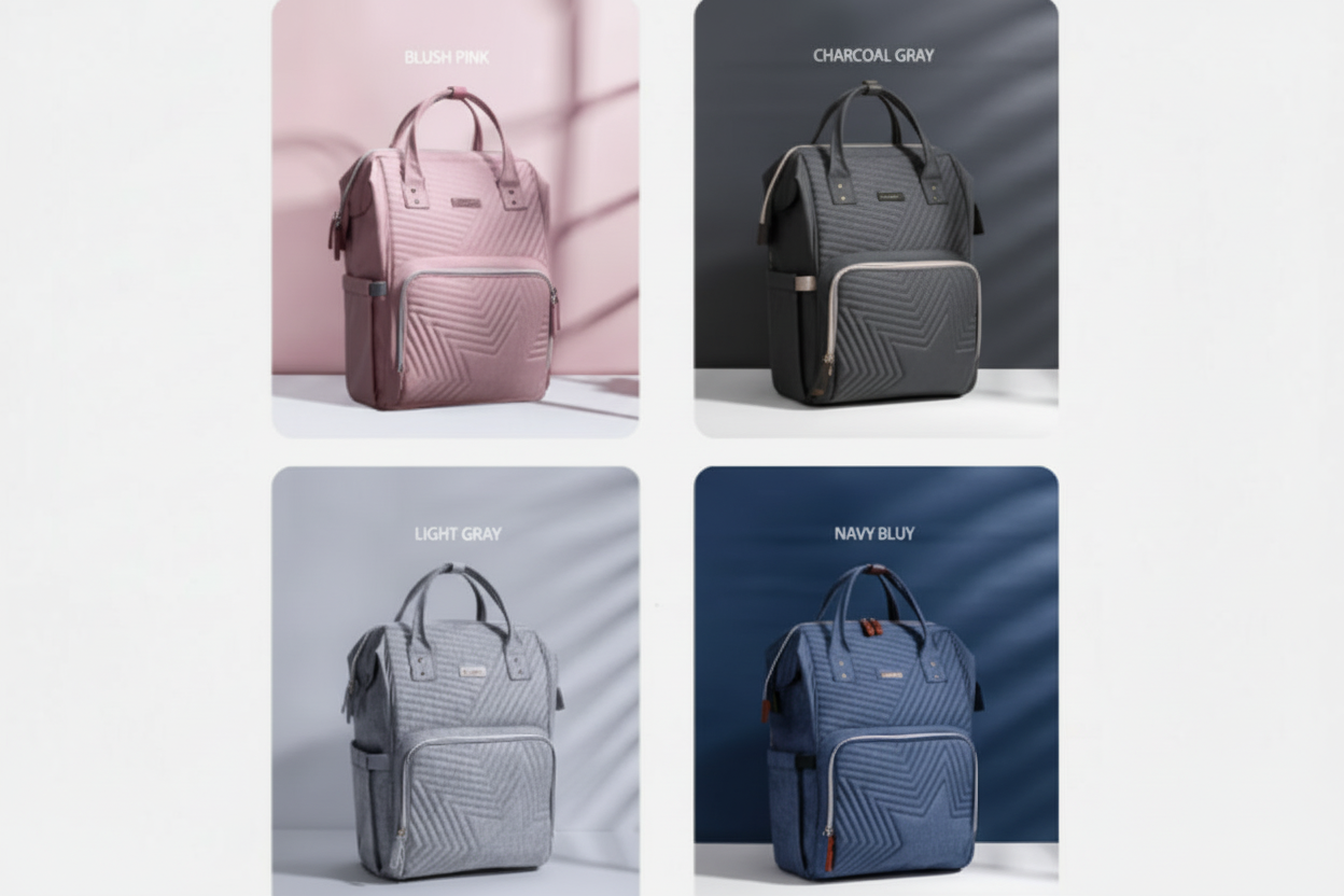 Four backpacks in different colors on a white background