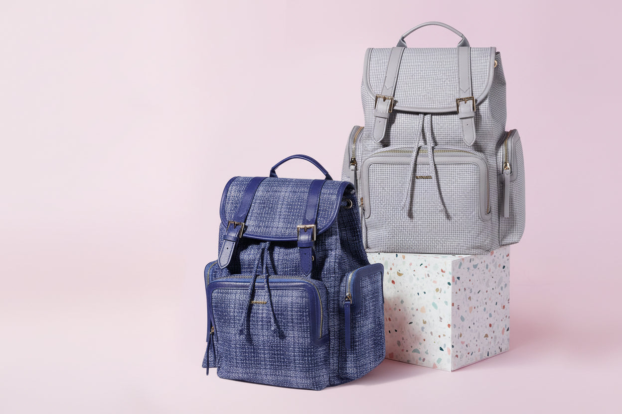 Two backpacks, one blue and one gray, on a pink background