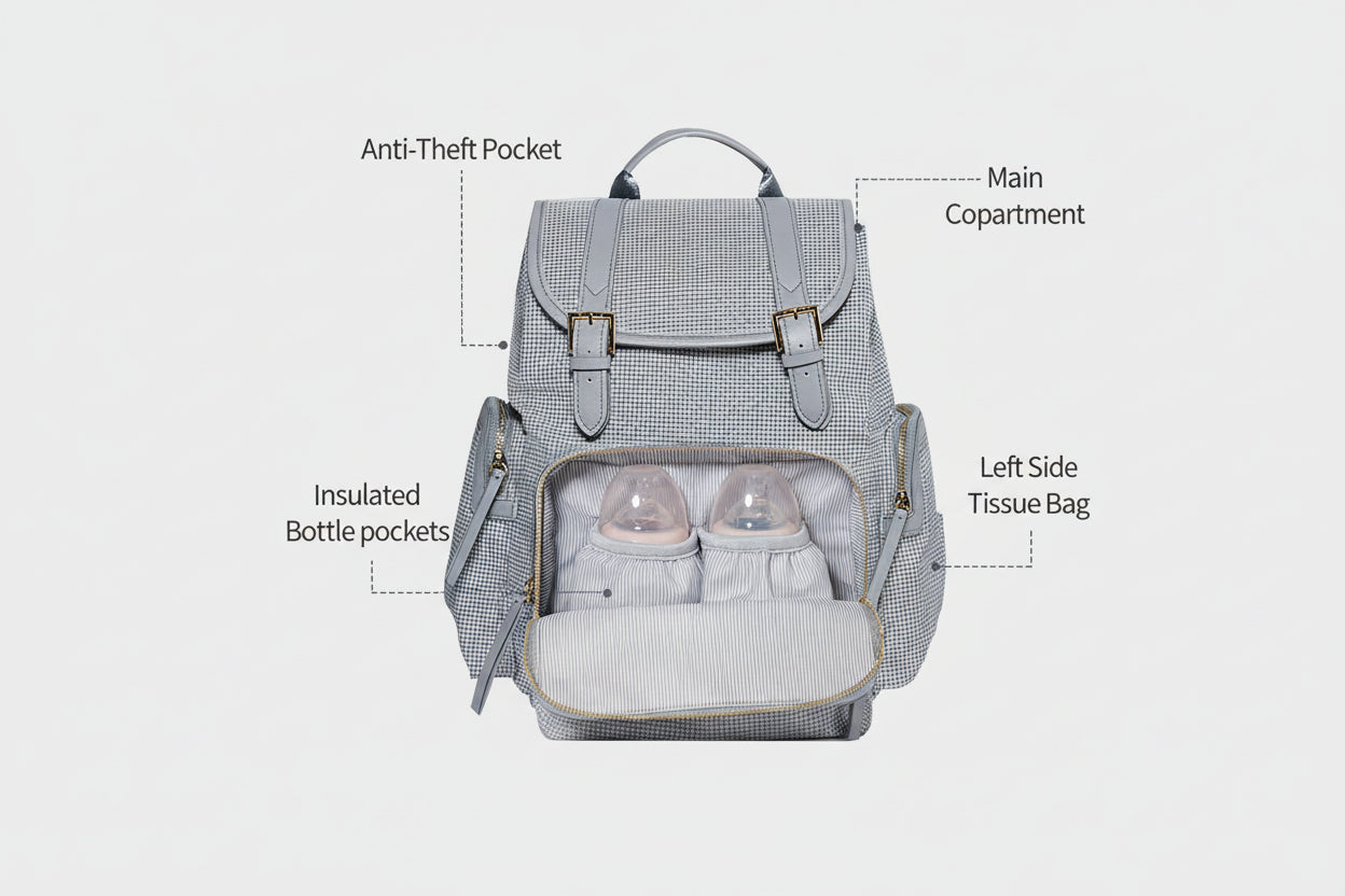 Gray checkered backpack with labeled compartments on a white background