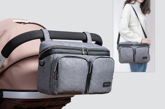 Gray diaper bag attached to a stroller with a smaller inset showing a person carrying the bag.