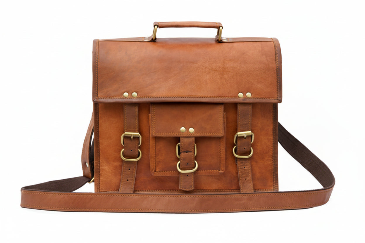 Brown leather satchel bag with gold buckles on a white background