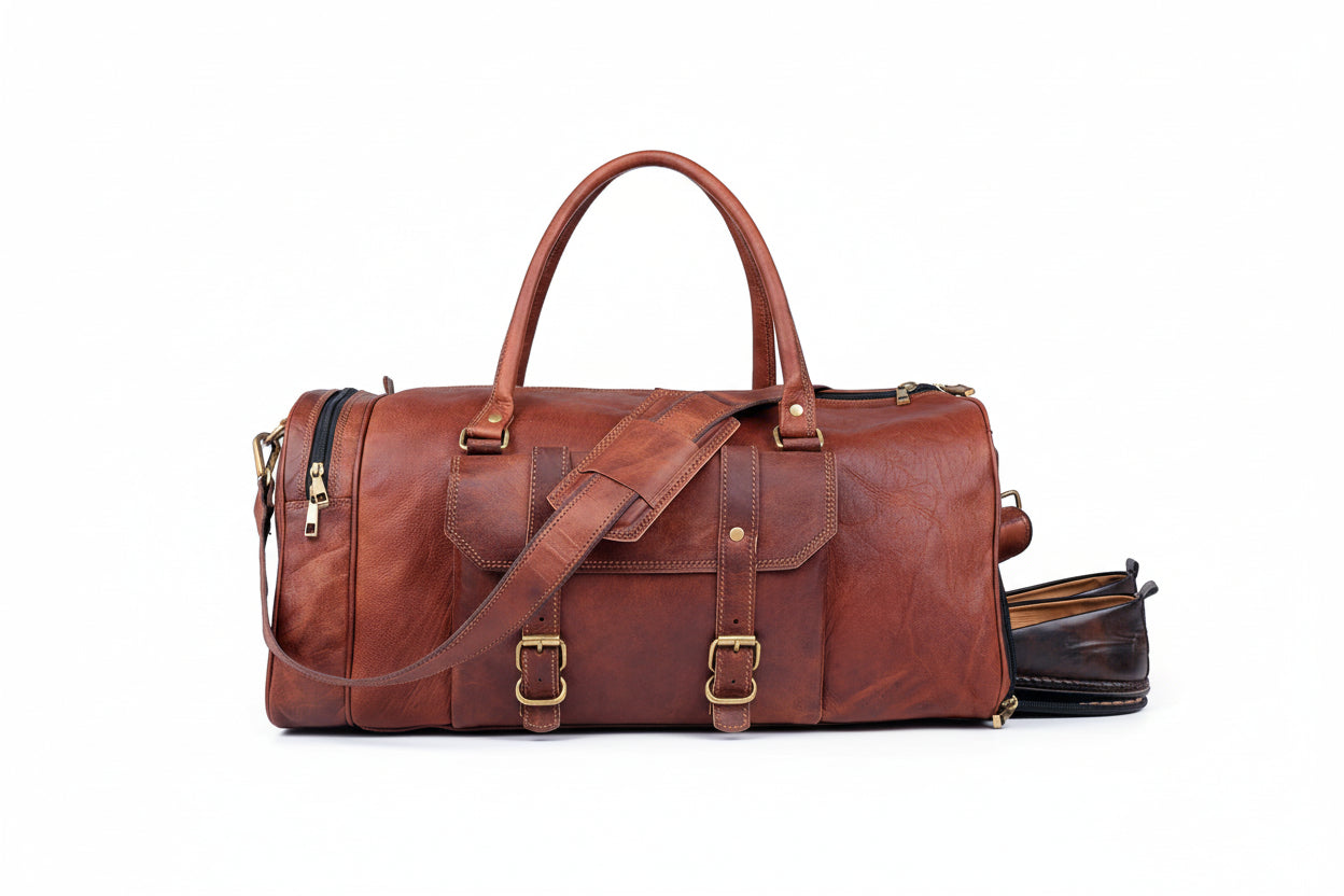 Brown leather duffel bag with shoulder strap on a white background