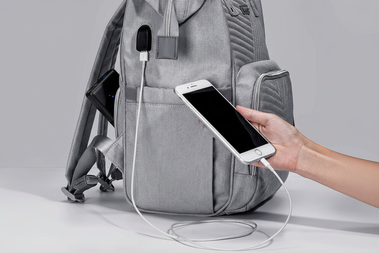 Gray backpack with a USB port and a smartphone being charged, on a light gray background