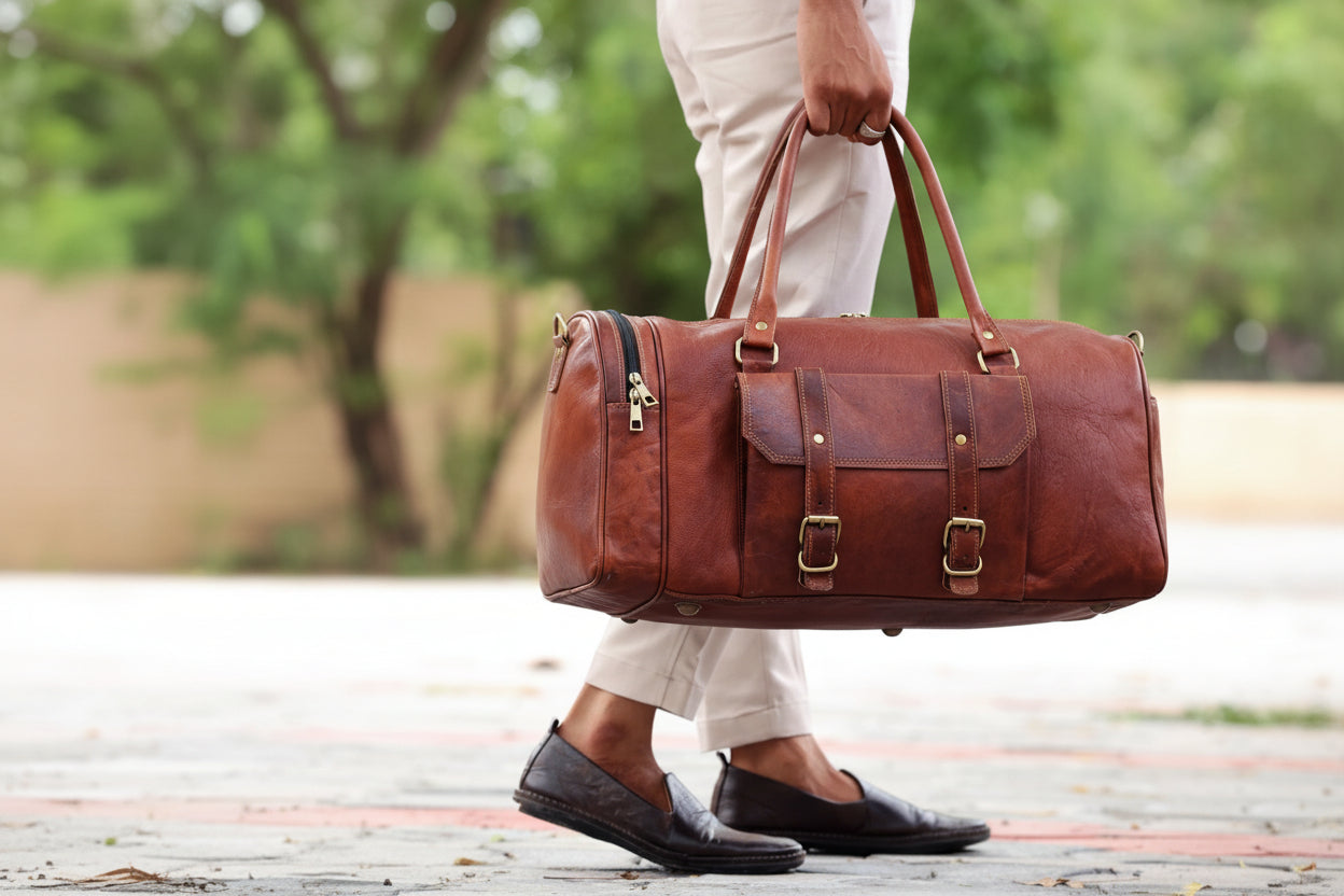 Collage of a brown leather duffel bag being carried by different people outdoors.